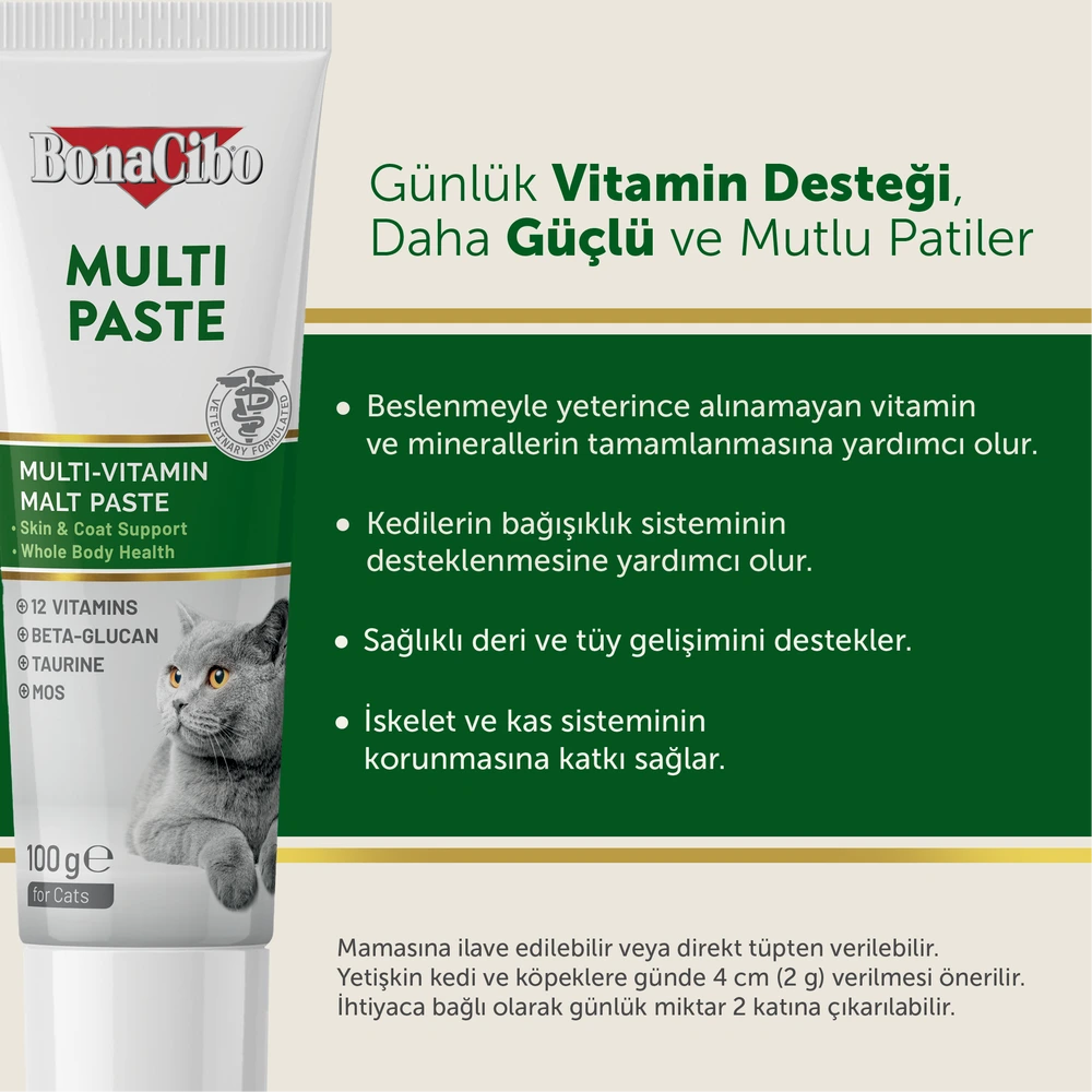 Görseli büyüt BonaCibo Yetişkin Kedi Multivitamin Malt Macunu 100 g x 3 Adet