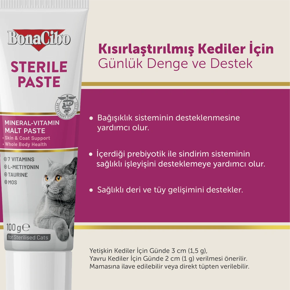 Görseli büyüt BonaCibo Kısırlaştırılmış Kedi Malt Macunu 100 g x 3 Adet