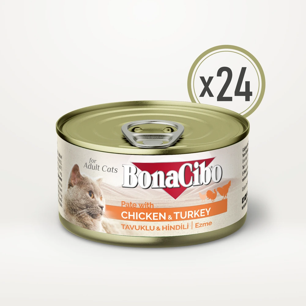 Görseli büyüt BonaCibo Ezme Tavuklu ve Hindili Yetişkin Kedi Yaş Maması 85 g x 24 Adet