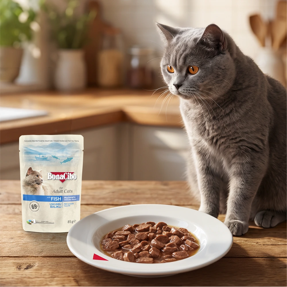 Görseli büyüt BonaCibo Soslu Uskumrulu ve Balıklı Yetişkin Kedi Pouch Yaş Maması 85 g x 24 Adet