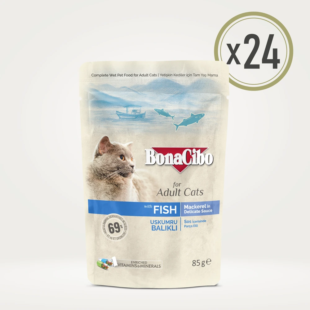 Görseli büyüt BonaCibo Soslu Uskumrulu ve Balıklı Yetişkin Kedi Pouch Yaş Maması 85 g x 24 Adet