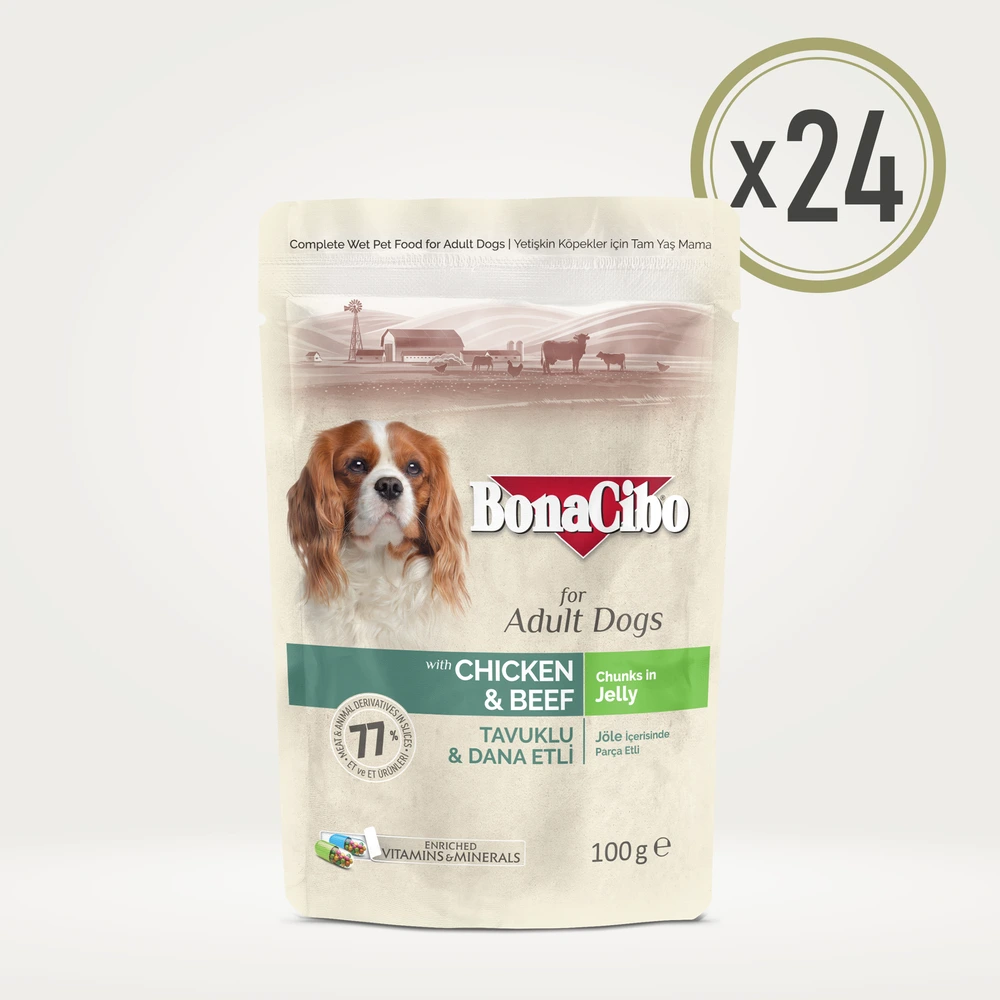 BonaCibo Jöleli Tavuklu ve Dana Etli Yetişkin Köpek Pouch Yaş Maması 100 g x  24 Adet