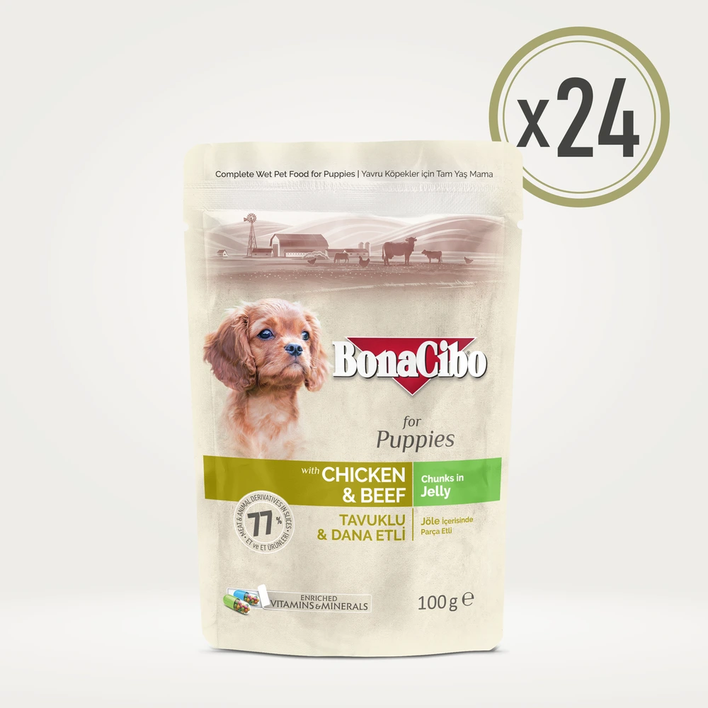 BonaCibo Jöleli Tavuklu ve Dana Etli Yavru Köpek Pouch Yaş Maması 100 g x  24 Adet
