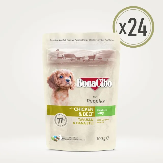BonaCibo Jöleli Tavuklu ve Dana Etli Yavru Köpek Pouch Yaş Maması 100 g x  24 Adet