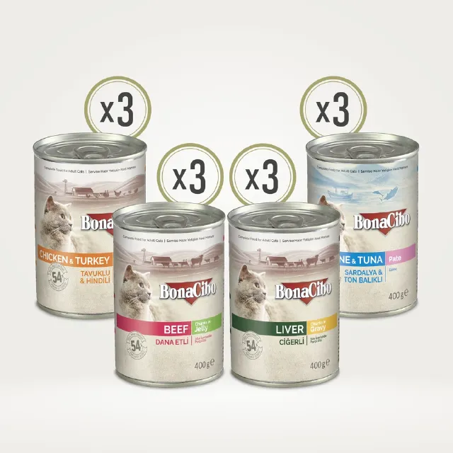 BonaCibo Karışık Yetişkin Kedi Yaş Maması 400 g x  12 Adet