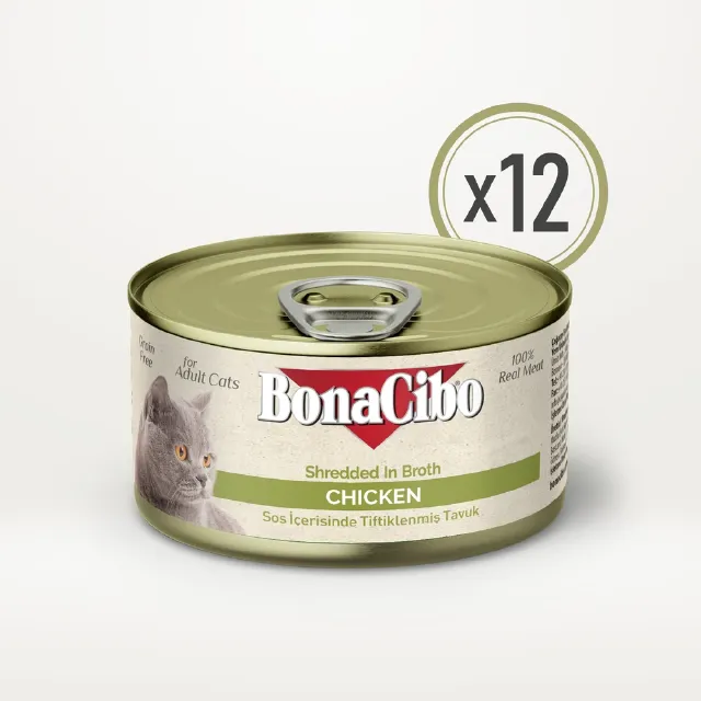 BonaCibo Tiftiklenmiş %100 Gerçek Tavuk Etli Kedi Yaş Maması 70 g x  12 Adet
