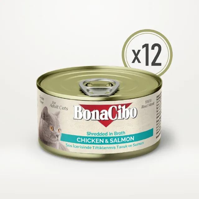 BonaCibo Tiftiklenmiş %100 Gerçek Tavuk Eti ve Somon Dilimli Kedi Yaş Maması 70 gr x  12 Adet