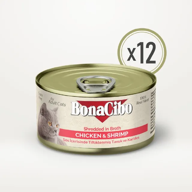 BonaCibo Tiftiklenmiş %100 Gerçek Tavuk Etli ve Bütün Karidesli Kedi Yaş Maması 70 g x  12 Adet