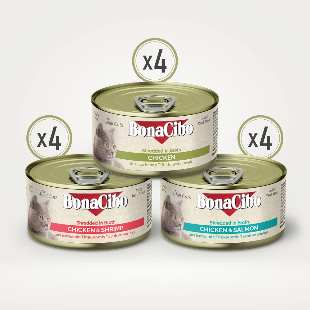 Görseli büyüt BonaCibo Tiftiklenmiş Karışık %100 Gerçek Tavuk Etli Kedi Yaş Maması 70 g x 12 Adet