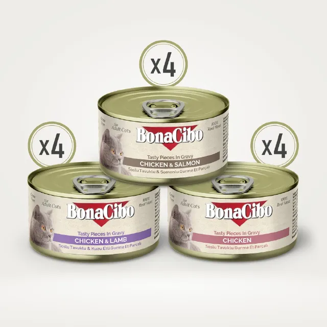 BonaCibo Gurme Karışık %100 Gerçek Tavuk Eti Parçalı Yetişkin Kedi Yaş Maması 85 g x  12 Adet